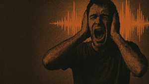 A man screaming while covering his ears