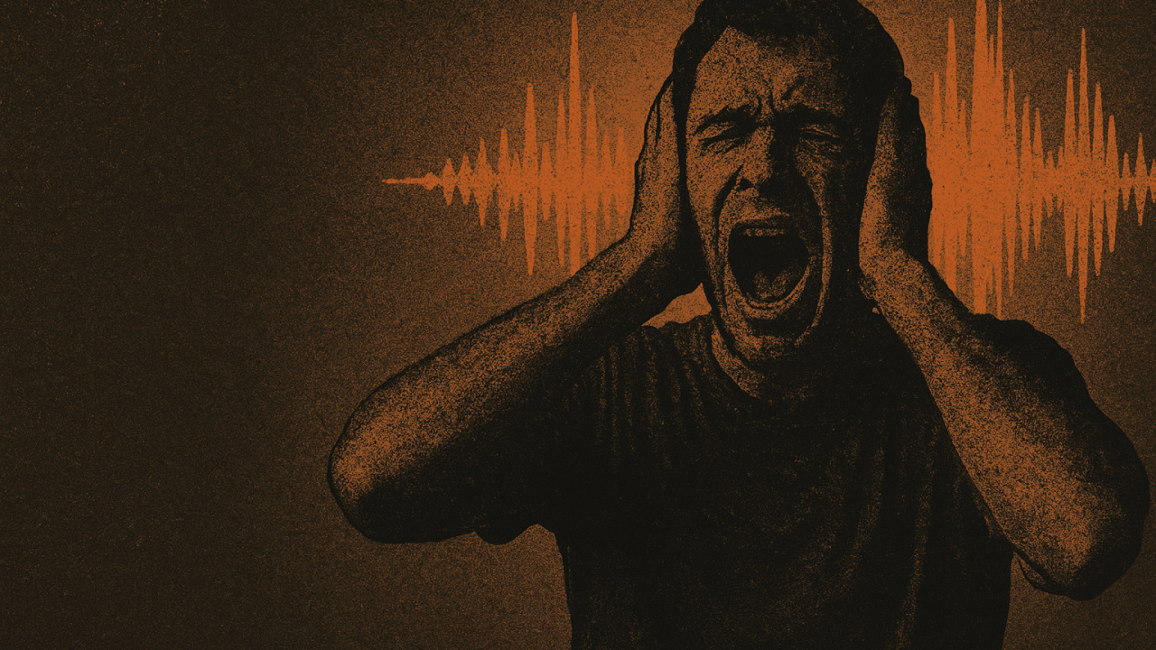 A man screaming while covering his ears