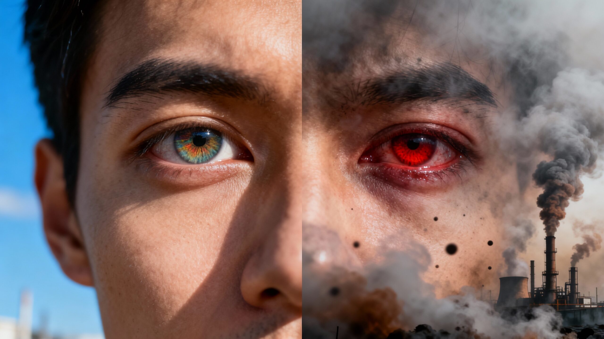 A human eye in normal and polluted environment